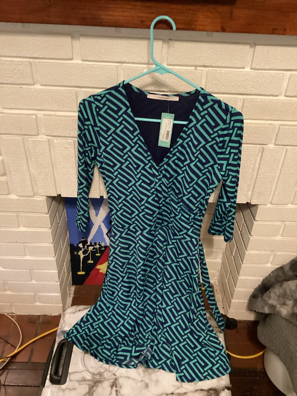 Geometric Teal and Navy Long-Sleeve Wrap Dress